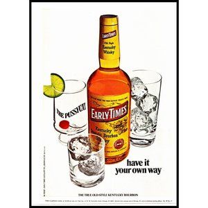 1971 Early Times Kentucky Bourbon Vintage Print Ad The Pussycat Bar Wall Art